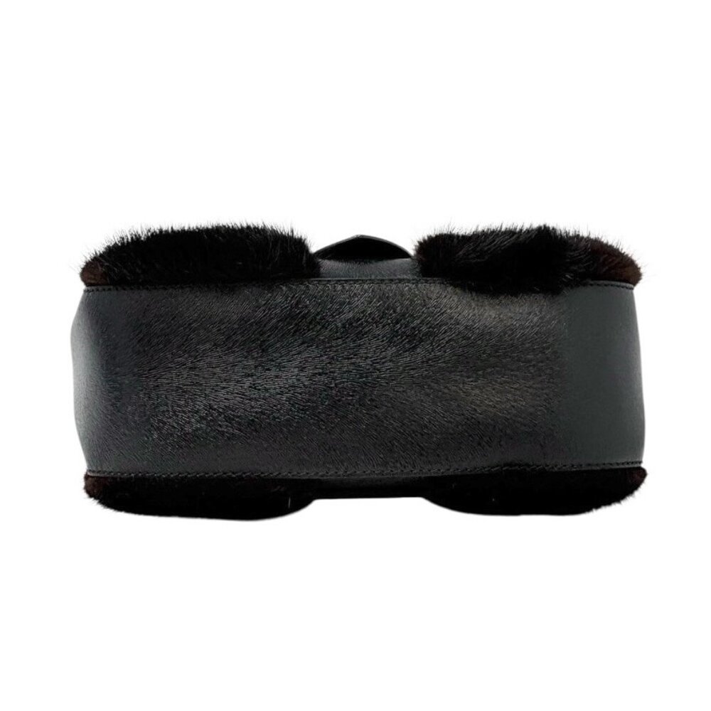FENDI Vintage Logo Fur Baguette Mini Shoulder Bag Handbag Black Gold [106345] - Picture 8 of 13